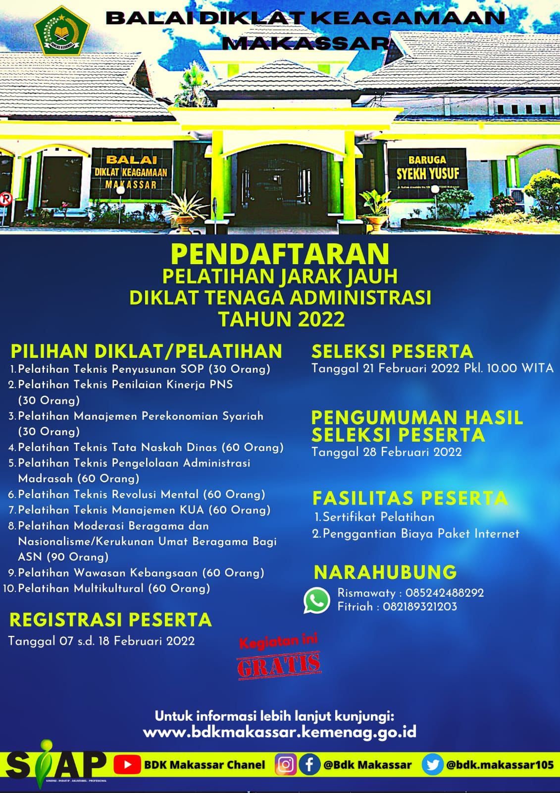 Pengumuman Pendaftaran dan Seleksi Pelatihan Jarak Jauh (PJJ) BDK Makassar Tahun Anggaran 2022